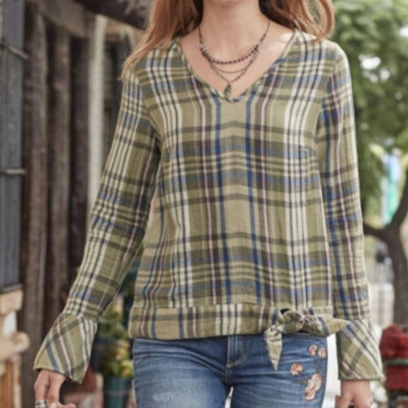 Sundance Willow Plaid Cotton V-neck Tie Knot Waist Popover Blouse Top Wmns XL - Picture 2 of 12